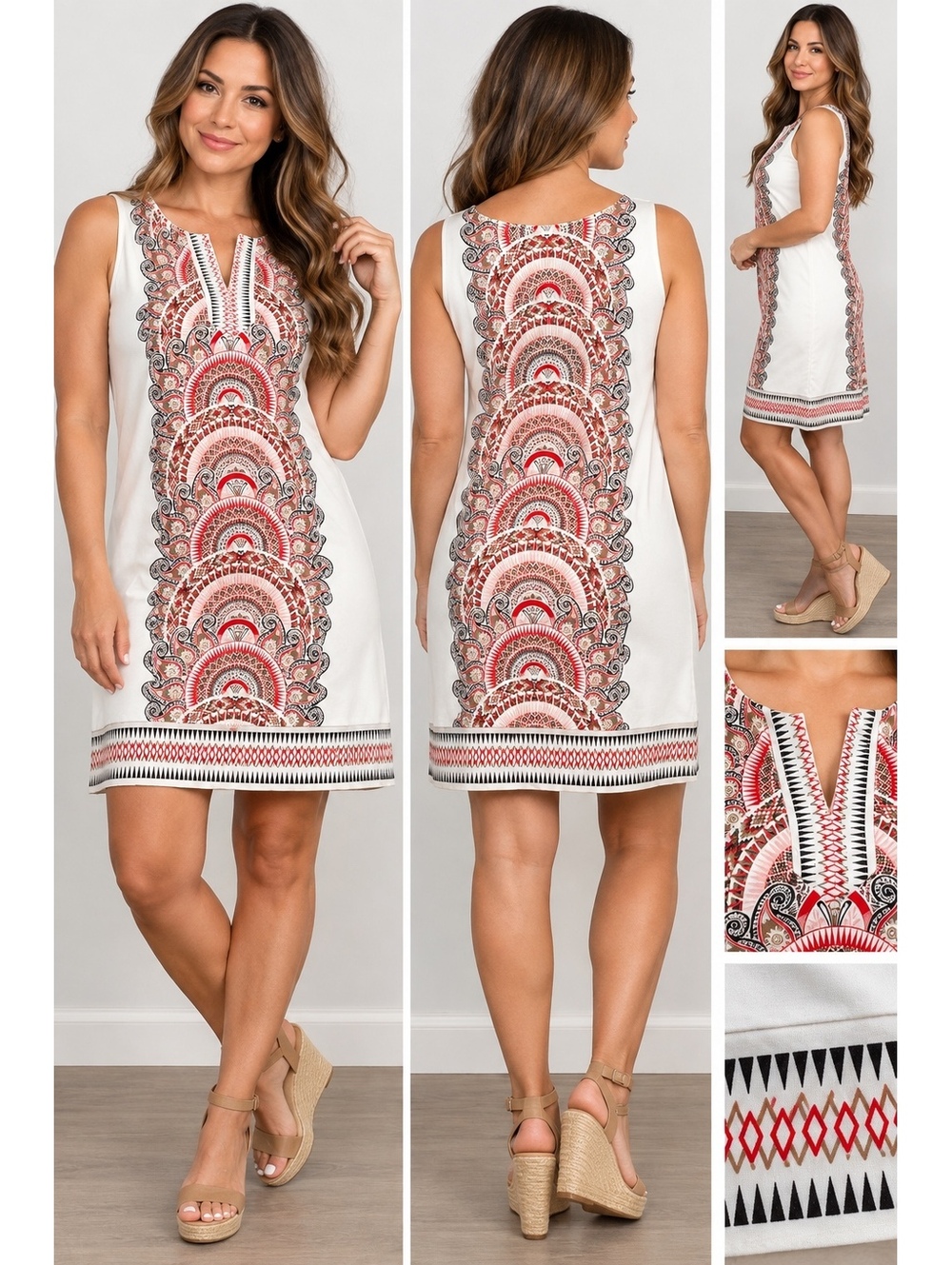 New York & Company XL Sleeveless Shift Dress Paisley Geometric White Red Black